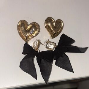 Elegant Gold Heart Earrings with Black Bows